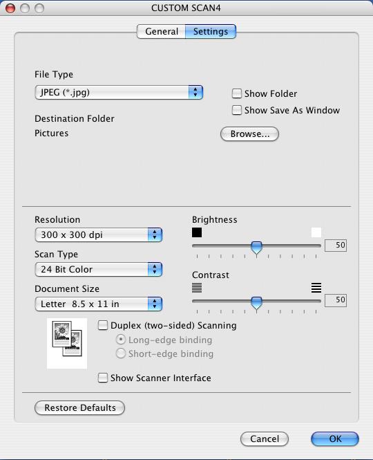 9. ControlCenter2 (For Mac OS 10.2.4. or greater) Scan to File 9 General tab Enter a name in Name for Custom (up to 30 characters) to create the button name.