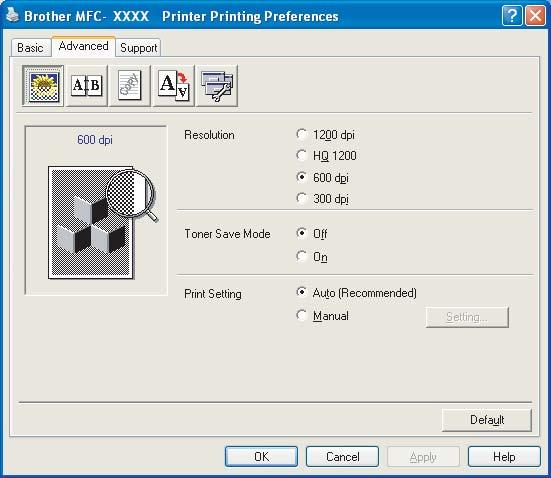 1. Printing Advanced tab 1 Change the tab settings by selecting one of the following icons: 1 2 3 4 5 1 Print