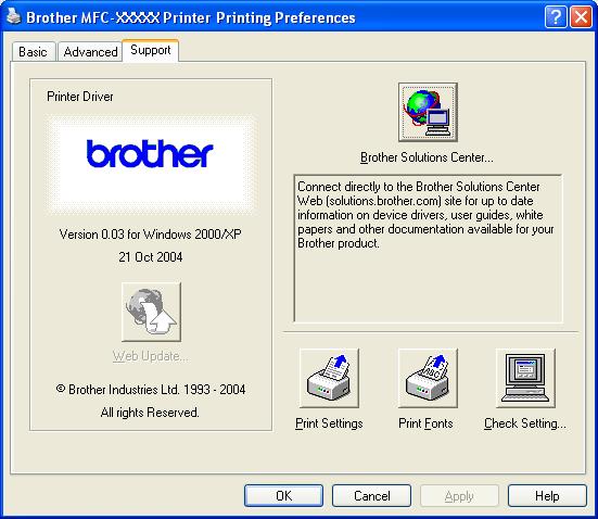 1. Printing Support tab 1 The Support tab provides driver version and setting information. In addition there are links to the Brother Solutions Center and the Driver Update Web sites.