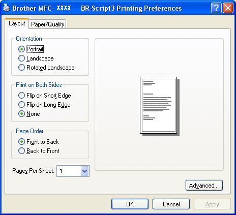 1. Printing Layout tab 1 If you are using Windows NT 4.0, Windows 2000 or XP, you can access the Layout tab by clicking Printing Preferences.