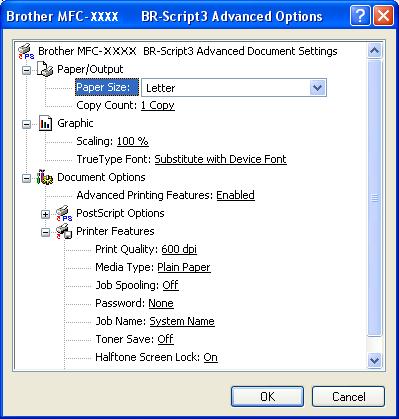 1. Printing Advanced Options 1 If you are using Windows NT 4.0, Windows 2000 or XP, you can access the Brother MFC-XXXX BR-Script3 Advanced Options tab by clicking the Advanced.