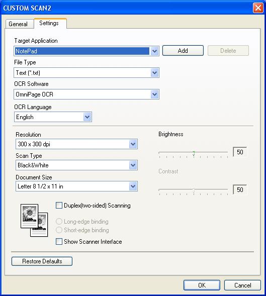 Settings tab Choose the Target Application, File Type, OCR Language, Resolution, Scan Type,