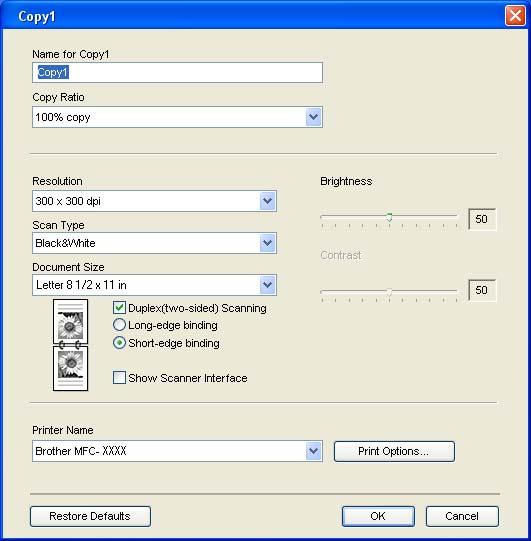 Choose the Resolution, Scan Type, Document Size, Duplex (two-sided) Scanning (if necessary), Show Scanner Interface, Brightness and Contrast settings to be used.