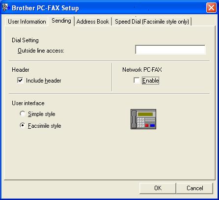 6. Brother PC-FAX Software (Not available for DCP models) Sending setup 6 From the Brother PC-FAX Setup dialog box, click the Sending tab to display the screen below.