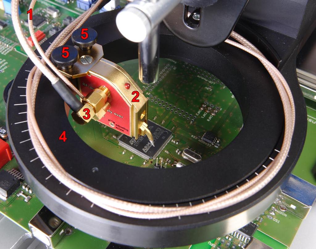 1. Measurement Setup 6 1.3 Mounting of the ICR Near-Field Microprobe 1. Attach the depth test cable (1) to the ICR near-field microprobe (2). 2. Attach the measurment cable (3) to the probe. 3.