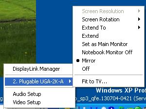 4.5. Windows Vista and Windows XP Controlling the Display When devices are attached, an icon appears in the taskbar. This gives you access to the DisplayLink manager menu.