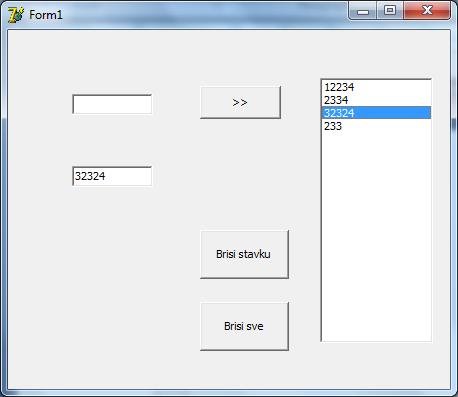 2. Kreirati aplikaciju čija forma sadrži 1 edit kontrolu, 3 dugmeta i 1 ListBox.