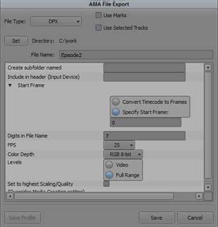 Exporting as DPX To export as DPX: 1. Select the clip or sequence you want to export as DPX. 2. Right-click and select AMA File Export. The AMA File Export window opens. 3.