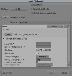 AS-11 Support 3. Select File Type AS-11. 4. (Option) Select the Use Marks, Use Selected Tracks, or Include Inactive Audio Tracks options.