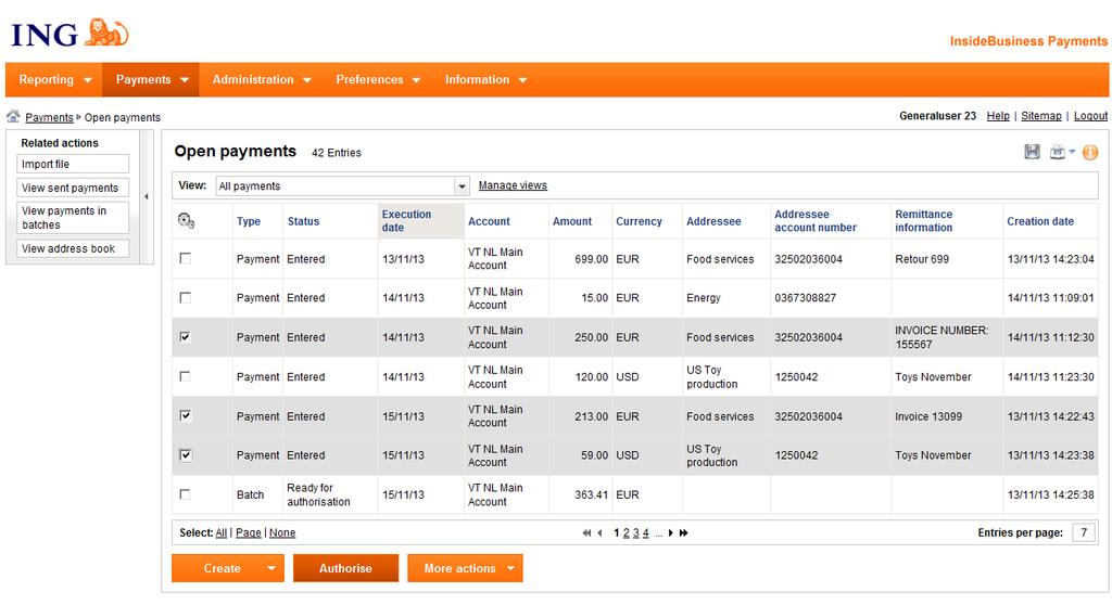 Authorising payments and batches You can select the payment orders you wish to authorise in the Open payments screen.