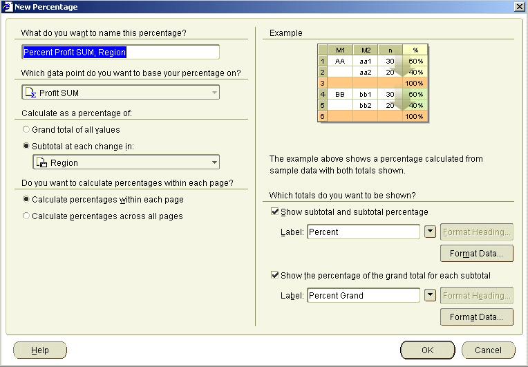 Lesson 3: Analyzing data Figure 4 17 New Percentage dialog 4. Type Percentage of Annual Profit in the What do you want to name this percentage? field.