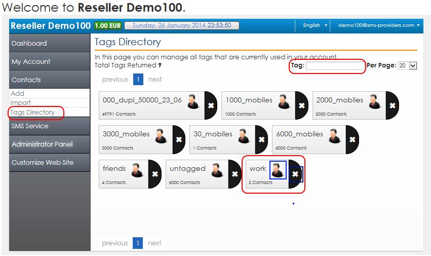 Fig. 15 Viewing and Deleting Tags in the Tags Directory Please note that in the Tags Directory page there is no option for adding Tags because all Tags are automatically created during the process of