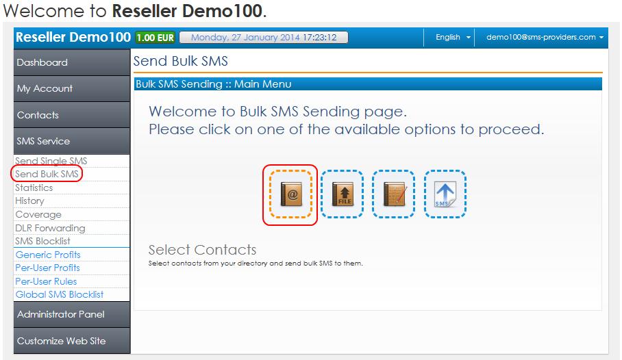 Fig. 20b Sending bulk SMS to Contacts from your Contacts directory In the next page that will be displayed choose one or more tags just by clicking on them (see Figure 20c).
