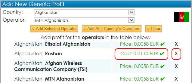 Fig. 30h Setting Up Generic Profits for specific mobile operators - Add ALL Country's Operators As you can see in Figure 30h, by typing in the value 30 (with Profit Type Price = Cost + Value% this