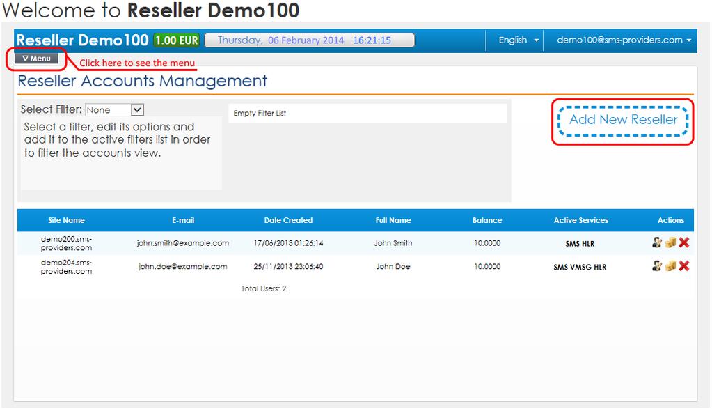 Fig. 37b Creating a Reseller Account In the new window that will pop up you have to type in the domain or the sub-domain name of the new Reseller website in the formats mydomain.tld or myhost.