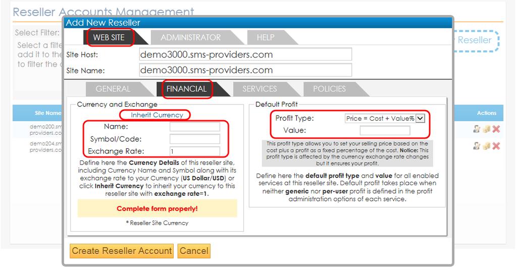Fig. 37e Creating a Reseller Account - Setting the Currency and the Default Profit Type Under the SERVICES tab you can choose which from the available Services will be activated in the Reseller