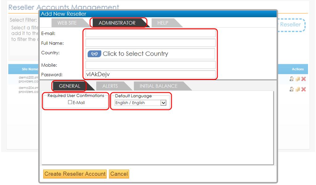 In the same window you have also to type in the required details in the relevant fields (E-mail, Full Name, Country and Mobile Number of the administrator account).