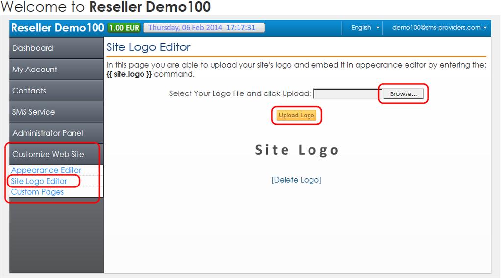 SITE LOGO EDITOR In the Site Logo Editor page you are able to upload your logo by clicking inside the field or by clicking on the Browse button next to it (see Figure 41h).