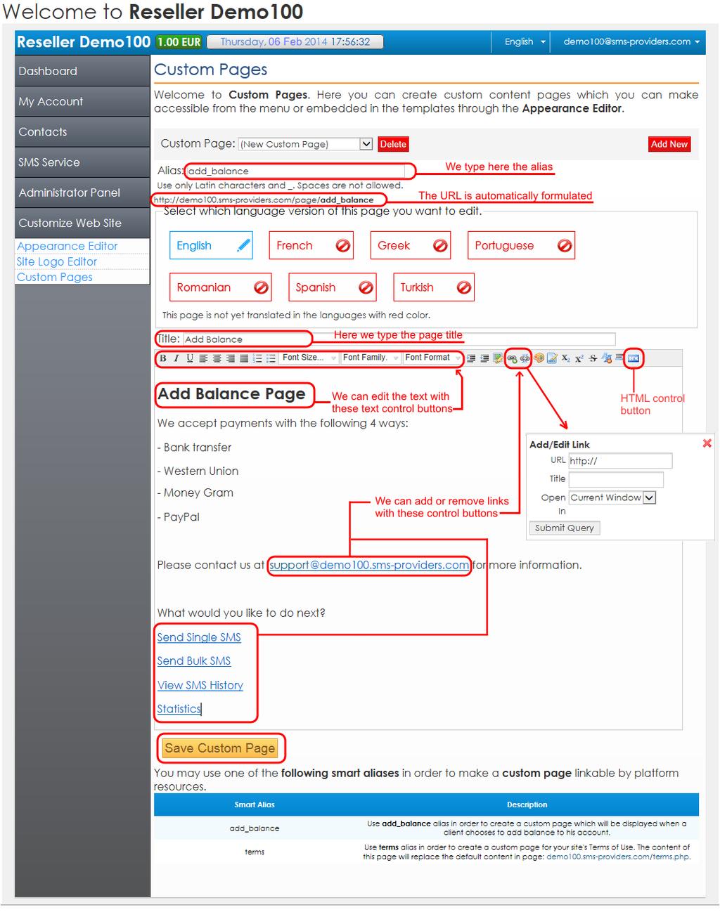 Fig. 41m Customizing Reseller Web Site - Creating 'Add Balance' Custom Page We can view the custom page