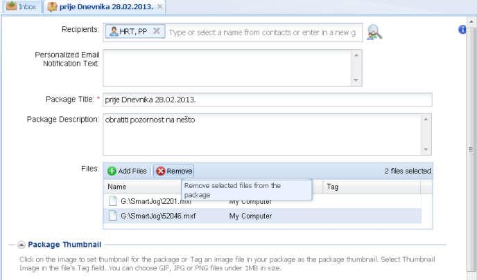 Odabirom datoteke i potvrdom na gumb Select pojavljuje se pod popisom datoteka (