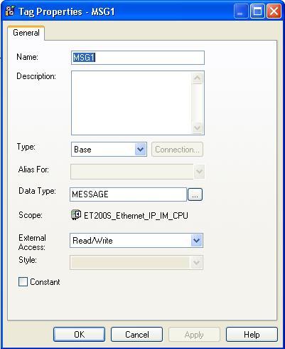 the Tag tab of the message configuration dialog box.