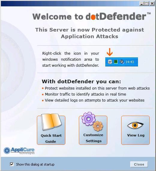 dotdefender is automatically launched and becomes active every time the web server starts. The Welcome to dotdefender window appears.
