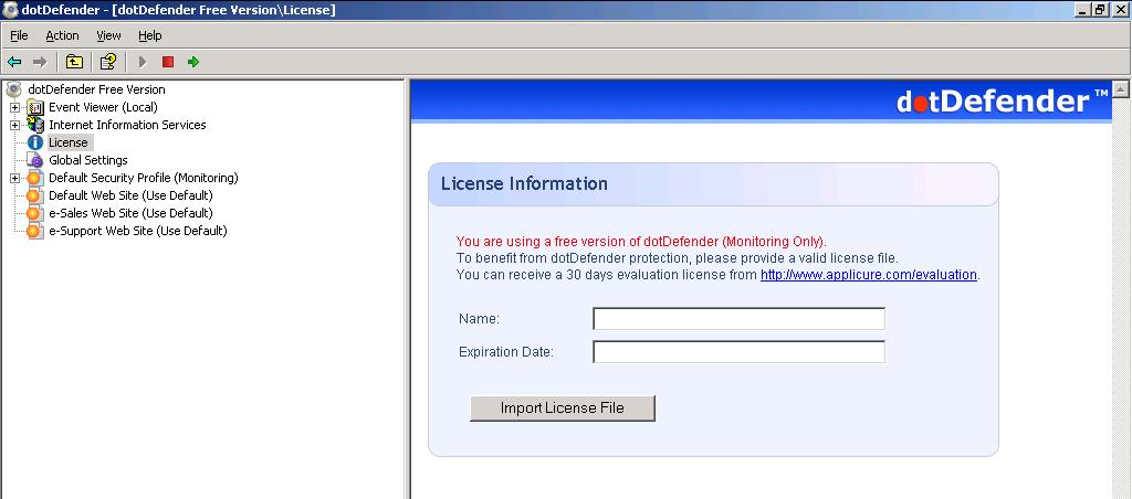 If a license has not been installed in the dotdefender
