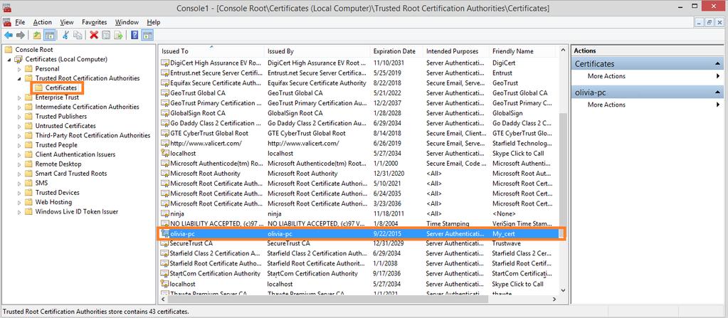 The certificate is imported and is displayed in the Console window in the Certificates node.