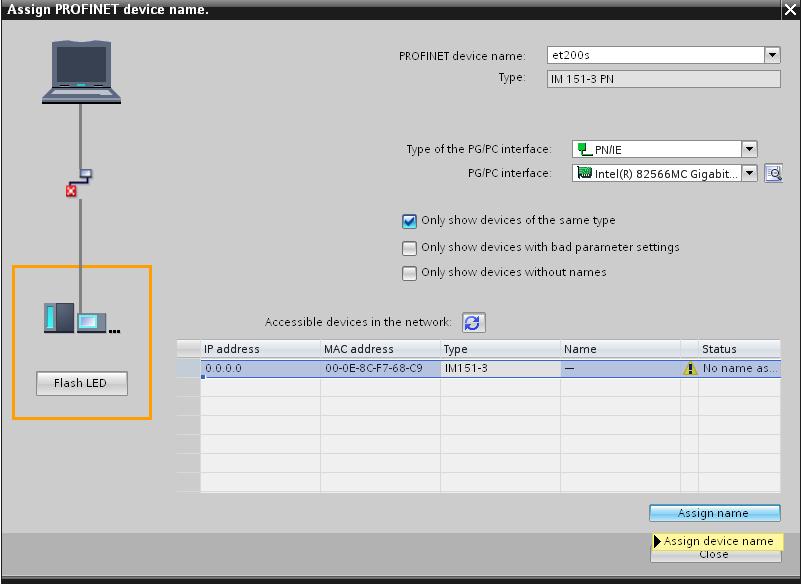 19. The Type of the PG/PC interface can be selected in the following dialog in order to then select the IM151-3PN and Assign name.