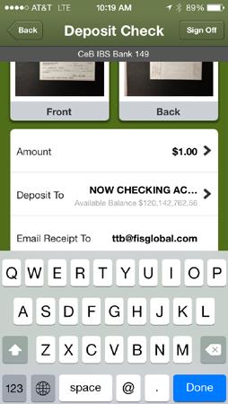 13 The Check Deposit screen appears again. The user will need to enter an email address for a receipt of the deposit.