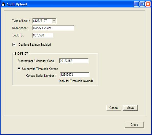 Audit Upload Window Lock Registration Modify a Lock From the View menu on the main screen, select Upload Audit Trail.