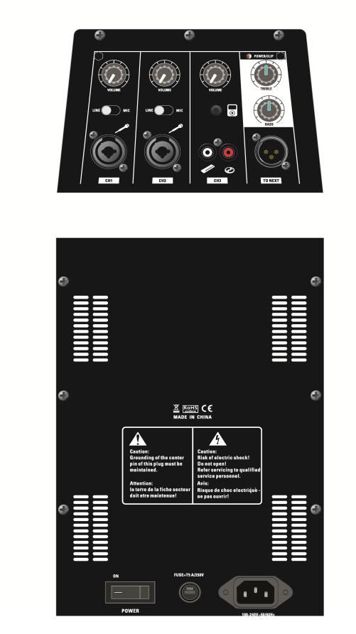 3 6 9 13 2 5 10 11 8 1 12 4 7 14 15 16 CONTROLS AND FUNCTIONS: 1. Combo input: balance input, accepts XLR\ 1/4"TRS sockets 2. LINE/MIC selector 3. Input level control for CH1 4.