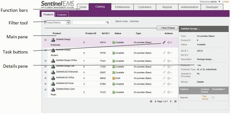 16 Defining Features Sentinel EMS web screens typically includes the following: Function bars, in which you select the function to perform Main pane, in which you view and select items Details pane,