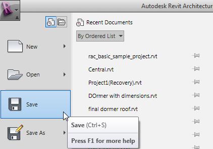 Getting Started with Revit Architecture 2-11 Figure 2-8 Choosing the Save tool from the Application Menu General Tab The General tab is chosen by default in the Options dialog box.