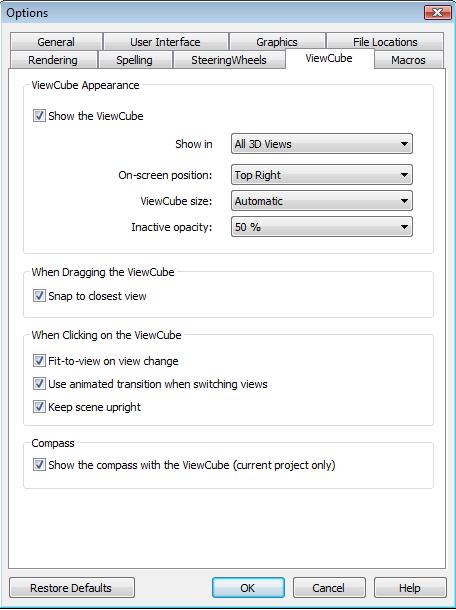 Getting Started with Revit Architecture 2-17 Figure 2-13 The ViewCube tab of the Options dialog box In the ViewCube Appearance area, you can use various drop-down lists to align, resize, and change