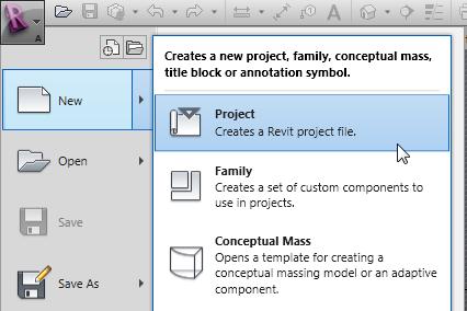 Starting a new project Shortcut Keys: CTRL+N Application Menu: New > Project In Autodesk Revit Architecture, a project is considered as a single database that contains all information related to