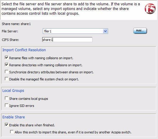 Deploying the ARX with VMware ESX Servers for Shared Content Access Figure 4.15 Add Share Wizard Adding a second CIFS Share Now add as second share to the managed volume.
