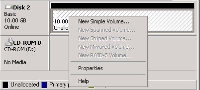 Right-click the disk you just initialized, and select New Simple Volume. The New Simple Volume Wizard opens. Figure 5.5 Create a simple volume 6. Click the Next button to start the wizard. 7.