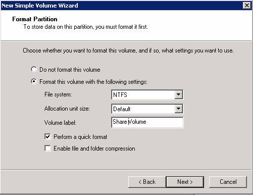 9. On the Format Partition page, click Format this volume with the following settings button, and complete the following: a) From the File System list, select NTFS.