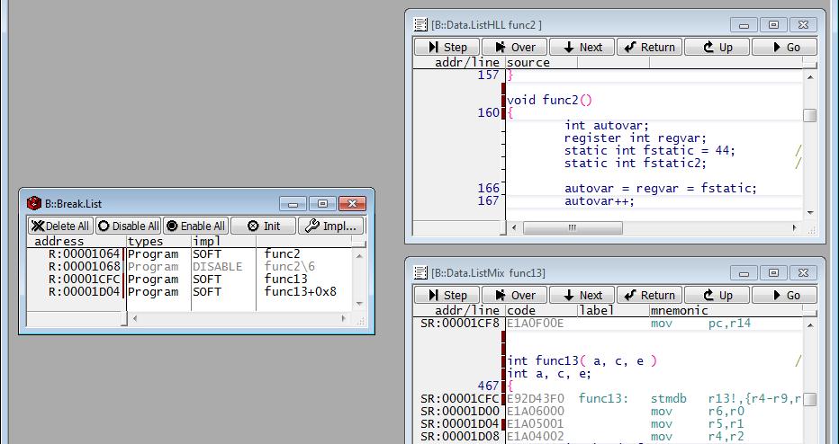 List window indicates a DISABLED breakpoint. D Code line of the breakpoint. Examples: func2\6 means HLL line 6 in func2.