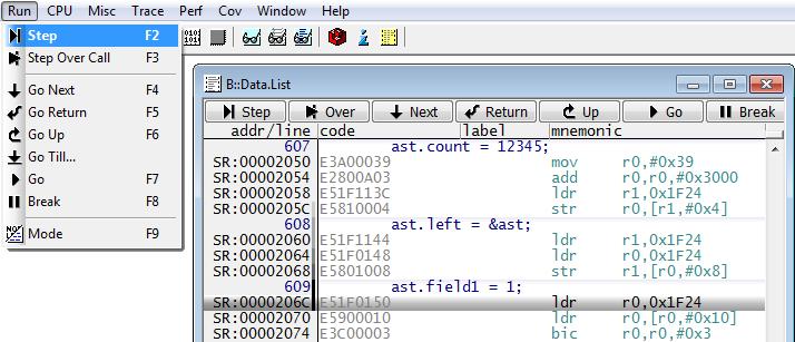 Single Stepping The basic debug commands are available via the Run menu, the toolbar of the Data.List window, the main toolbar, and via the TRACE32 command line.
