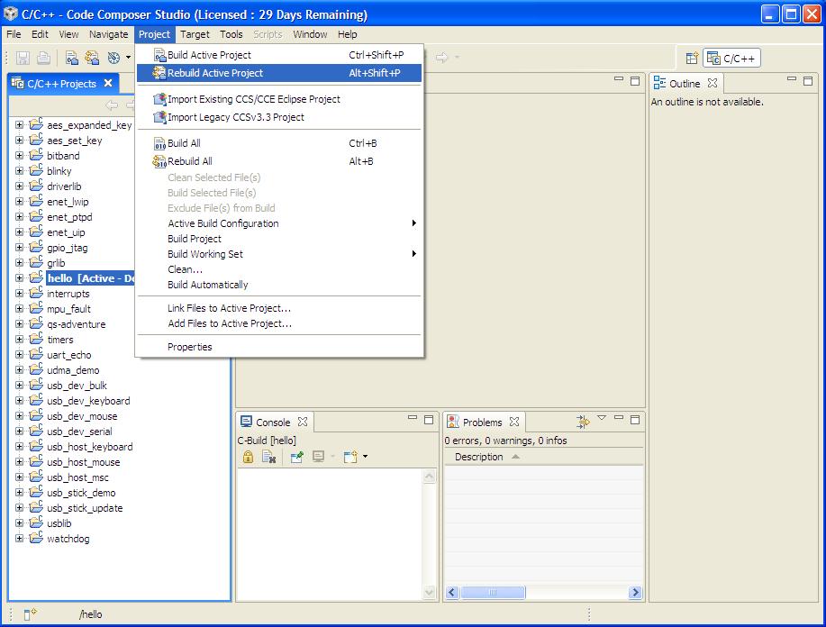 3. Click on the Target pull-down menu and select Debug Active Project.