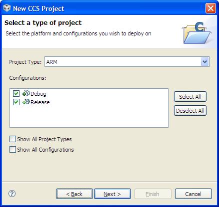 3. The next dialog box asks for the project type and configurations. Select ARM as the project type, check both the Debug and Release configurations, and click Next. 4.