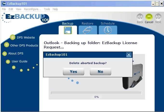 19 If you decide to abort your back up, EzBackup101 will ask if you wish to delete the aborted backup.
