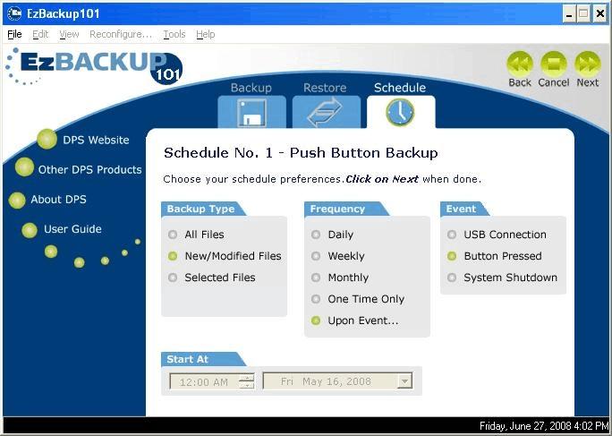 Modify the Default Schedule EzBackup101 includes a FACTORY DEFAULT BACKUP SCHEDULE that is set to backup New and Modified files every day at 4:00 P.M. EzBackup101 will run the backup every day at 4:00 P.