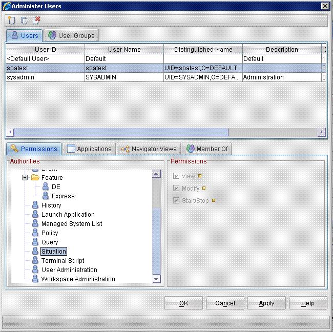 Figure 7. Viewing permissions for a Tivoli Monitoring user 5. All of the available permissions for a situation, View, Modify, and Start/Stop, must be available for the user.