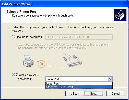 Be sure to click Local Printer and be sure the Automatically detect... box is unchecked as shown. Click Next to continue to the screen shown below. 6.