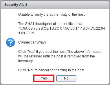 4. When prompted by the wizard, enter the following values: Host name or IP address: esxi-3.vmeduc.com User name: root Password: vmware123 a. Click Next. b. When the Security Alert window opens, select Yes.