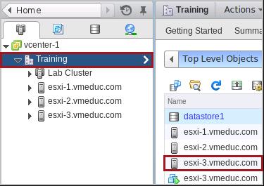 In the main workspace, click on the Hosts and Clusters object. b. Select the Training datacenter in the left pane and click the Related Objects tab. You should see esxi-3.vmeduc.