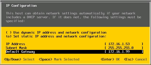 8. In the IP Configuration window, choose Set static IP address and network configuration and press Spacebar to select. Using the arrow keys to move between sections.